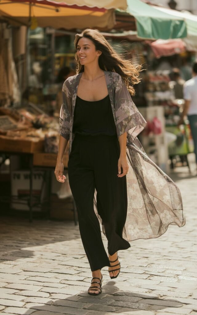 Full-body view of a model in a printed lightweight kimono over a solid black jumpsuit, paired with strappy sandals. Outdoor street market in soft sunlight. Hair in loose waves, naturally flowing. She walks lightly, looking to the side with a relaxed smile. Kimono print, jumpsuit fabric, and skin texture detailed realistically.