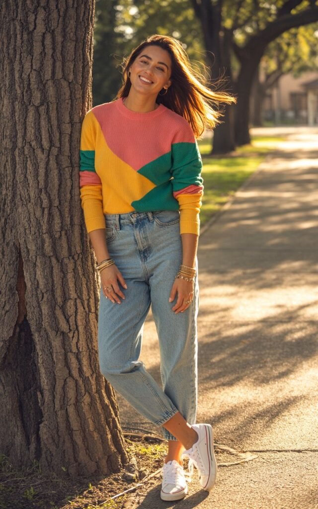 Full-body view of a model wearing a bright color-blocked sweater with light blue mom jeans, white sneakers, and layered bracelets. Standing in a sunny park path, natural daylight. Hair loose and tousled, minimal makeup. Leaning against a tree, relaxed smile. Skin texture visible, realistic shadows.