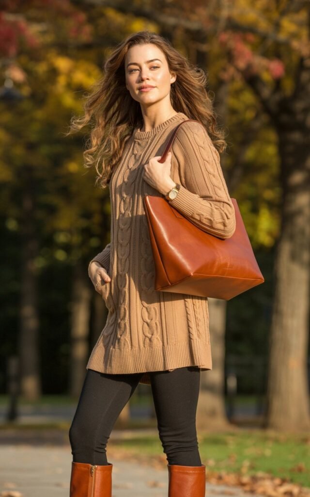Full-body view of a model wearing a camel knit tunic over black leggings with brown knee-high boots, accessorized with a leather tote. Autumn park in golden hour sunlight. Hair is loose and wavy, softly blowing. She stands with one hand in pocket, smiling subtly. Realistic knit textures, shadows, and natural skin tones emphasized.