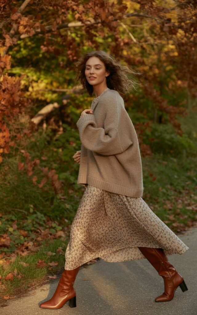 Full-body view of a model wearing a chunky beige sweater layered over a printed midi dress with brown heeled boots. Nature path with autumn foliage, soft morning sunlight. Hair loosely curled, natural makeup. Walking forward, hand brushing dress, soft smile. Textures of knit and dress highlighted, realistic editorial style.