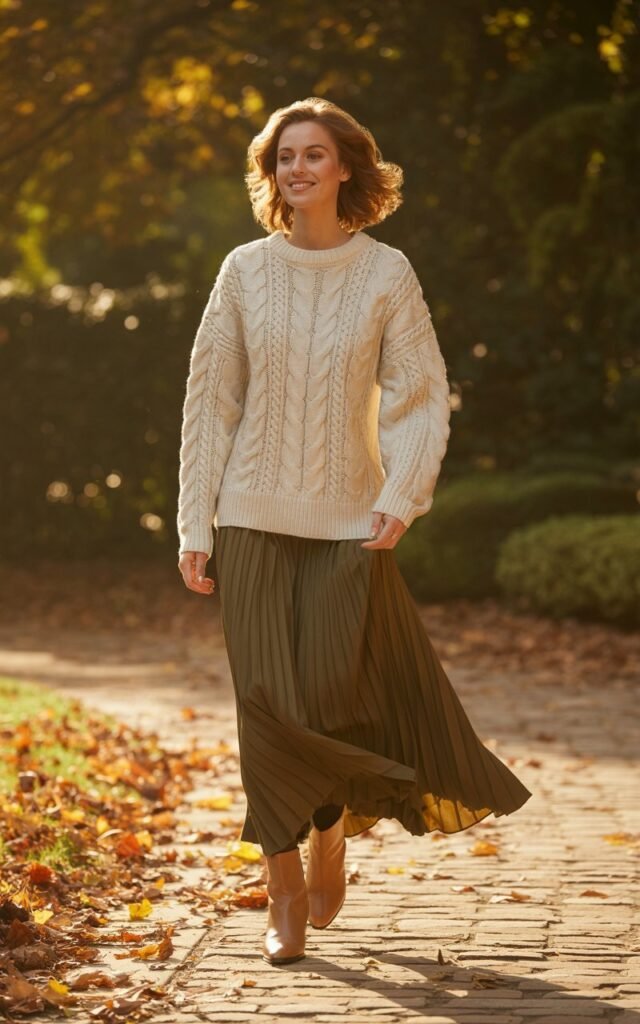 Full-body view of a model wearing a cream cable-knit sweater paired with a flowing olive pleated skirt and tan ankle boots. Standing on a garden path with autumn leaves, soft golden hour lighting. Hair loose in soft waves, minimal warm-toned makeup. Walking slightly forward, casual smile. Realistic editorial textures knit and pleats highlighted.