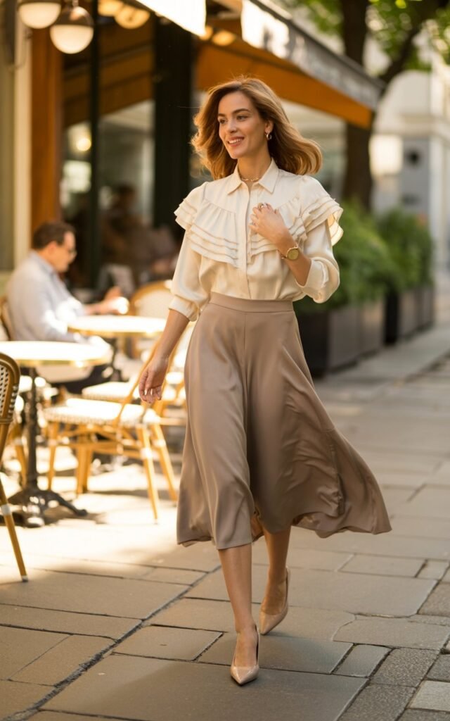 Full-body view of a model wearing a cream ruffled blouse tucked into a taupe high-waisted midi skirt, paired with heels and minimal jewelry. Café sidewalk in warm daylight. Hair in soft waves, casually tucked behind ears. She walks lightly, one hand adjusting the skirt, smiling naturally. Ruffles and fabric textures detailed, skin and hair realistic.