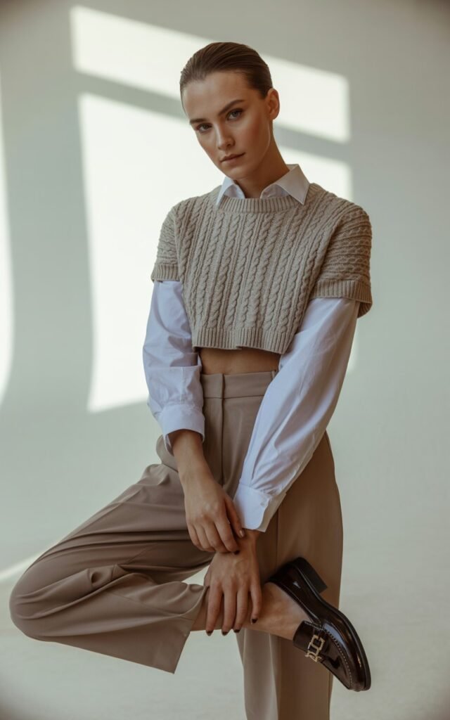 Full-body view of a model wearing a cropped knit over a white button-up shirt with high-waist trousers and loafers. Studio with soft window light. Hair in low bun, minimal makeup. Hands adjusting shirt cuffs, confident gaze. Editorial realism with knit and shirt textures visible.