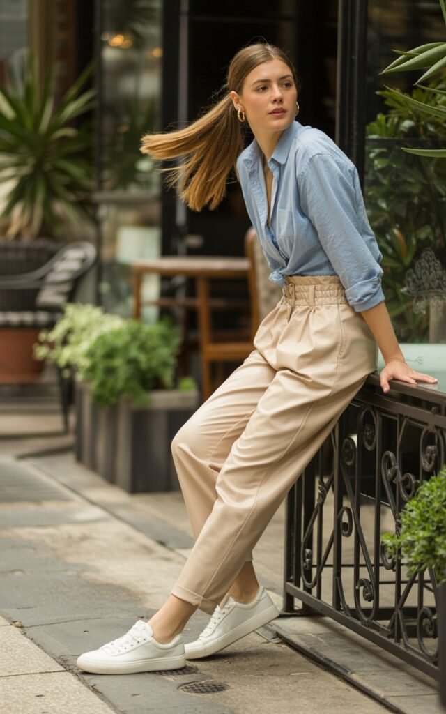 Full-body view of a model wearing a light blue chambray shirt tucked into beige paperbag waist pants, paired with white sneakers. Outdoor café terrace with soft daylight. Hair is straight with natural movement, casual low ponytail. She casually leans on a railing, looking off-camera, relaxed expression. Realistic fabric textures and natural skin tones emphasized.