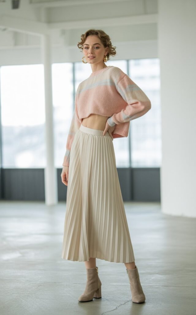 Full-body view of a model wearing a pastel cropped sweater tucked into a pleated midi skirt, beige heeled ankle boots, and gold hoop earrings. Standing in a bright modern studio with soft window light. Hair in soft curls, light natural makeup. She is posing elegantly with one hand on her hip, smiling softly. Realistic editorial fashion style, visible textures on knit and skirt.