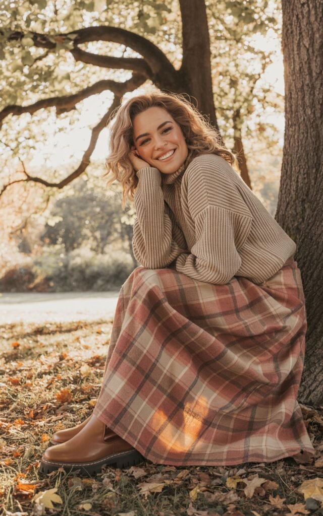 Full-body view of a model wearing a ribbed beige sweater tucked into a flowing plaid maxi skirt, accessorized with chunky brown boots. She stands in a leafy park during golden hour. Hair is in soft waves, falling naturally over shoulders. She leans slightly against a tree, relaxed and smiling. The sunlight highlights the textures of knit and skirt fabric, with natural skin texture and soft makeup.