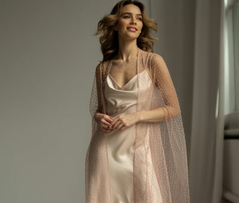 Full-body view of a model wearing a sheer blush overlay dress over a cream slip, paired with nude heels. Studio setup with soft window light. Hair in loose waves, naturally flowing. She stands elegantly with one foot slightly forward, hands lightly clasped, soft smile. Sheer fabric details and slip textures realistically captured.