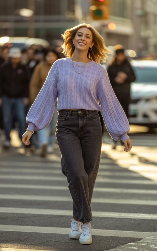 Full-body view of a model wearing a soft pastel balloon sleeve sweater tucked into high-waist jeans, white sneakers, and delicate gold jewelry. Standing on a city crosswalk during golden hour. Hair loose in beach waves, light makeup. Arms slightly raised, playful smile. Realistic textures on knit, soft shadows.
