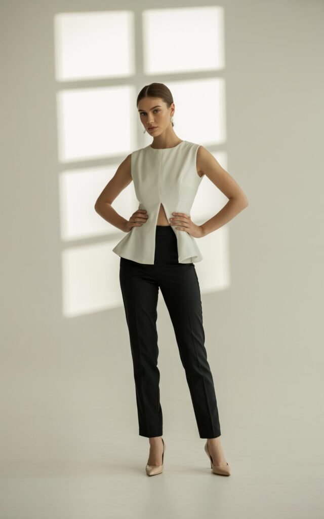 Full-body view of a model wearing a white peplum top with high-waisted black tailored trousers and nude heels. Studio background with soft diffused window light. Hair is in a polished low bun. She stands with hands on hips, looking confidently at the camera. Sharp details in fabric and natural skin textures captured realistically.