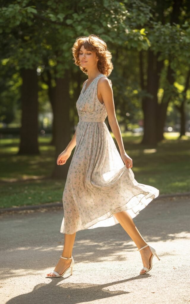 Full-body view of a model with light brown hair in loose curls, wearing a pastel floral midi dress with ankle-strap sandals. Walking in a sunny park during mid-morning natural light. Gentle smile, holding dress slightly while in motion. Editorial realism with realistic fabric movement, soft skin tones, and natural sunlight reflections.