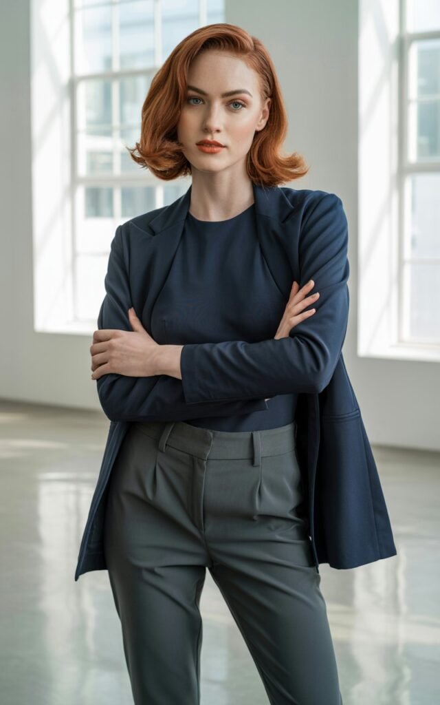 Full-body view of a model with shoulder-length red hair, wearing a bold navy blazer over a black fitted bodysuit, tailored pants, and pointed heels. Standing indoors in a bright studio with soft window light. Pose with crossed arms, confident expression. Skin texture and subtle makeup realistic; outfit details clearly visible.