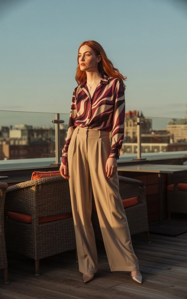 Full-body view of a red-haired model in a bold patterned blouse tucked into beige wide-leg trousers with pointed heels. Urban rooftop café at golden hour, city skyline in background. Pose with arms relaxed, looking candidly to the side. Realistic editorial textures on fabric and natural skin tones.