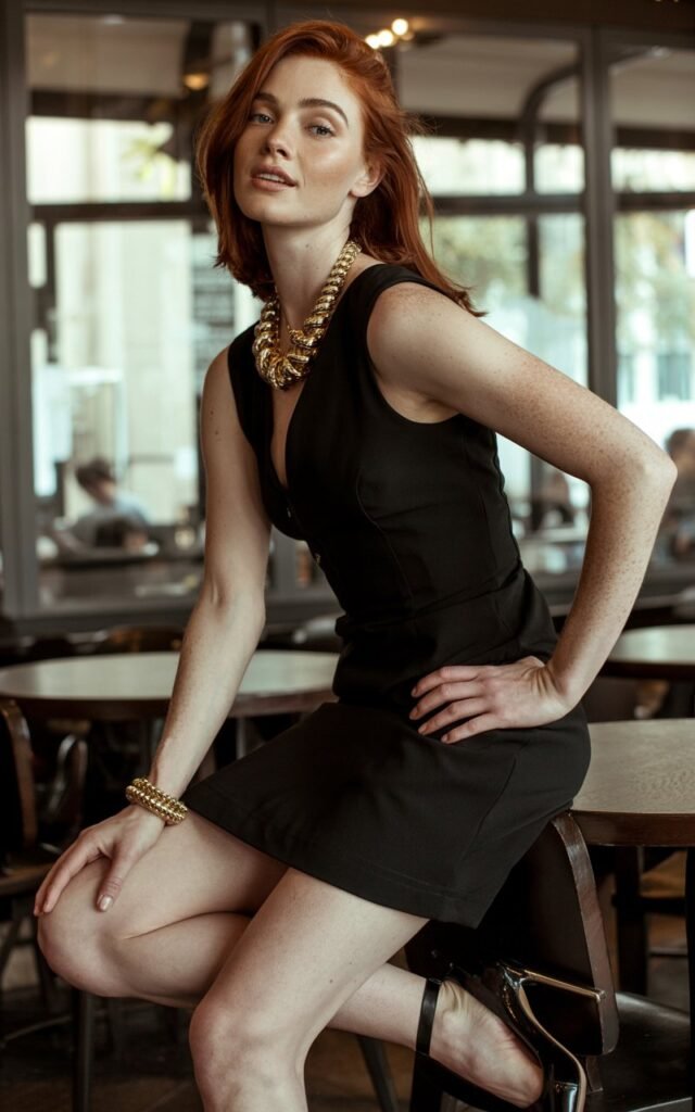 Full-body view of a red-haired model wearing a fitted black mini dress, chunky gold necklace, bracelets, and black ankle-strap heels. Indoor café setting with soft window light. Standing elegantly with one hand on hip, subtle smile. Skin texture realistic, natural makeup, editorial fashion photography feel.