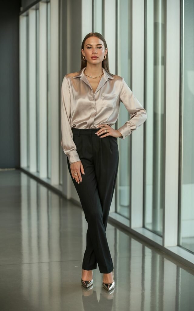 Full-body view of a white-skinned female model in a modern office corridor. Soft indoor lighting highlights her champagne satin blouse tucked into black tailored pants, pointed heels, and subtle gold jewelry. Hair sleek and straight, makeup elegant and polished. She stands with one hand on her hip, projecting confidence.