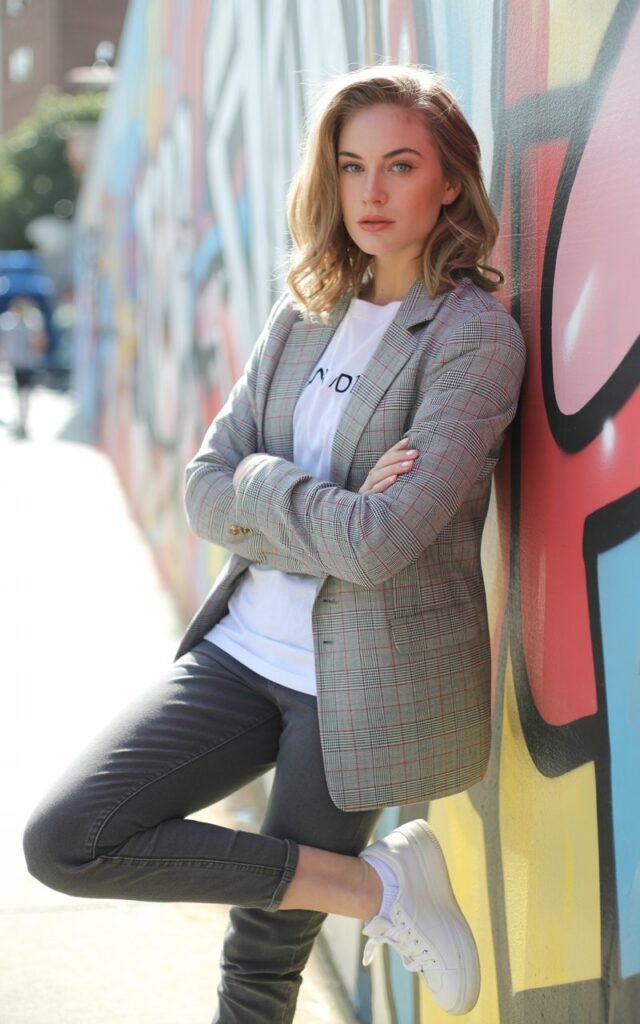Full-body view of a white-skinned female model leaning against a mural wall. Natural daylight illuminates a gray plaid blazer over a white graphic tee, paired with dark jeans and sneakers. Hair in casual waves, makeup minimal with soft blush. She crosses her arms casually, looking confidently at the camera.
