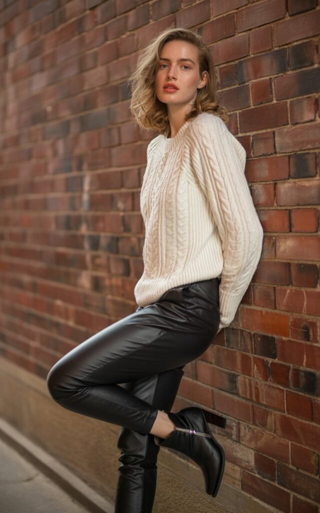 Full-body view of a white-skinned female model leaning against a rustic brick wall. Soft natural light shows her chunky cream knit sweater tucked slightly into black leather pants, paired with black ankle boots. Hair in loose waves, and soft pink lips. Her pose is casual, one leg slightly bent, exuding street-style confidence.