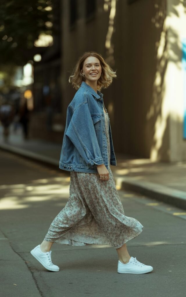 Full-body view of a white-skinned female model on a sunlit city sidewalk. She wears a faded blue denim jacket over a flowing floral maxi dress, paired with white sneakers. Hair in loose beachy waves, minimal makeup, subtle imperfections for realism. She walks candidly, head slightly turned, exuding relaxed charm.