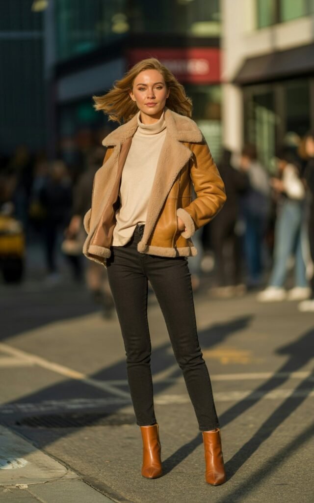 Full-body view of a white-skinned female model posing on a city sidewalk. Morning light reveals a tan shearling jacket layered over a cream turtleneck, black skinny jeans, and brown boots. Hair flowing naturally, makeup minimal. She looks over her shoulder with a relaxed, stylish expression.