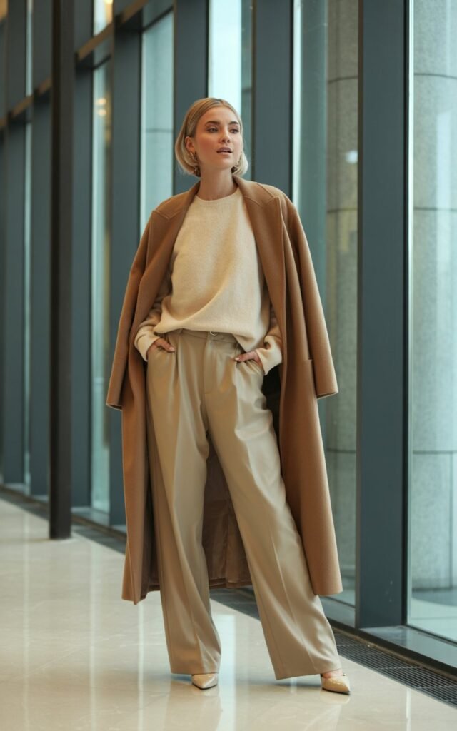 Full-body view of a white-skinned female model standing in a modern office lobby. Soft indoor window light showcases her camel wool coat over a cream sweater and high-waisted beige wide-leg trousers, with pointed-toe heels. Hair in a sleek straight style, soft matte makeup. She stands elegantly, one hand in pocket, exuding professional sophistication.