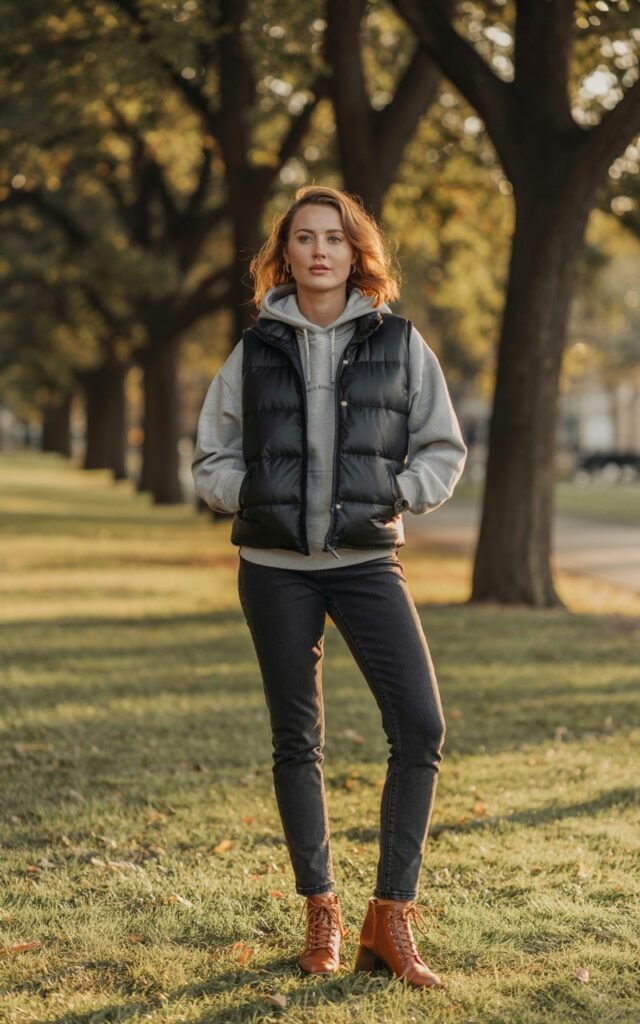Full-body view of a white-skinned female model standing in a park during golden hour. She wears a black puffer vest over a gray hoodie, dark skinny jeans, and lace-up boots. Hair in natural waves, minimal makeup. She stands with hands tucked into the vest, exuding sporty casual charm.