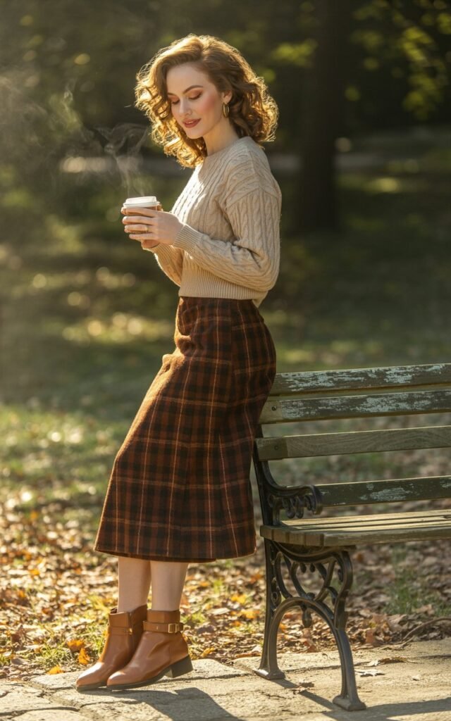 Full-body view of a white-skinned female model standing near a park bench. Morning light highlights her brown plaid midi skirt, tucked-in cream sweater, and tan ankle boots. Hair is soft curls, makeup neutral with a rosy glow. She holds a cup of coffee, looking down with a playful smile, natural and inviting.