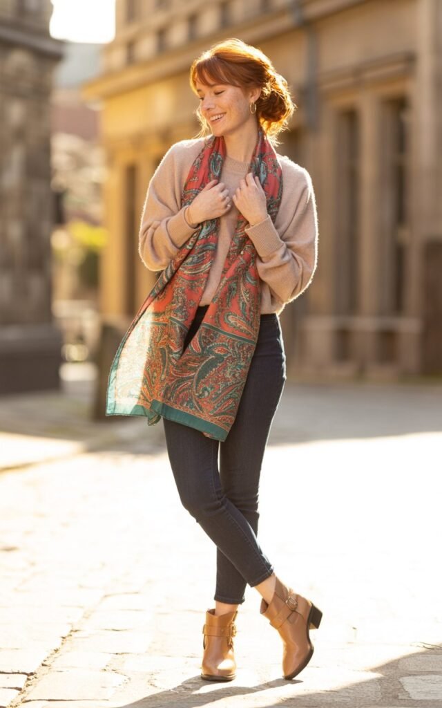 Full-body view of a white-skinned female model standing on a quiet cobblestone street. Afternoon sunlight illuminates her neutral beige sweater, colorful printed scarf, dark skinny jeans, and tan ankle boots. Hair in a messy low bun, natural makeup with soft freckles visible. She adjusts the scarf playfully, smiling candidly.