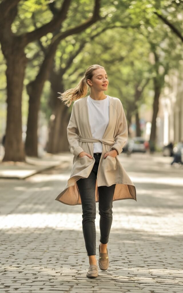 Full-body view of a white-skinned female model strolling down a tree-lined street. Soft morning light reveals a beige belted cardigan over a white tee, dark skinny jeans, and taupe loafers. Hair in a casual ponytail, light natural makeup. She walks with a slight bounce in her step, hands in pockets, exuding cozy street-style vibes.