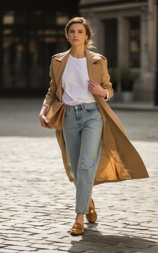 Full-body view of a white-skinned female model walking across a cobblestone street. Sunlight glints off her camel trench coat layered over a white tee and light-wash jeans, with tan loafers and a structured handbag. Hair is in a low, loose bun, minimal makeup. She strides confidently, looking straight ahead with a natural, elegant expression.