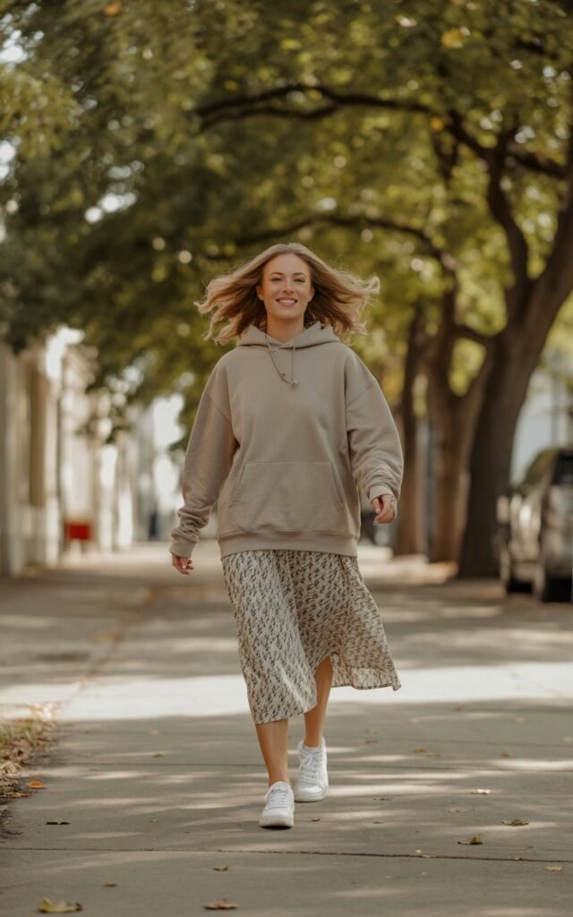Full-body view of a white-skinned female model walking down a leafy sidewalk. Soft natural light shows a neutral oversized hoodie paired with a patterned midi skirt and white sneakers. Hair in loose waves, natural makeup with a fresh glow. She smiles softly, hands swinging naturally as she walks.