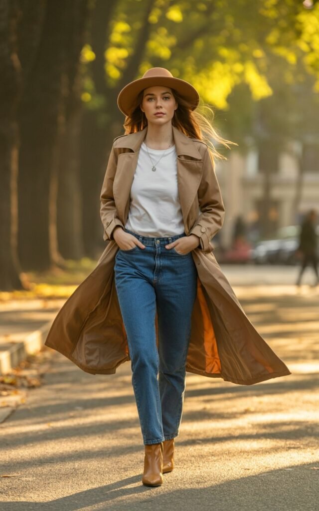 Full-body view of a white-skinned female model walking through a tree-lined street in golden hour light. She wears a camel trench coat, wide-brim hat, white tee, blue jeans, and tan boots. Hair flowing naturally, makeup soft and glowing. She looks ahead with a serene expression, hands tucked casually in pockets, perfectly Instagram-ready.