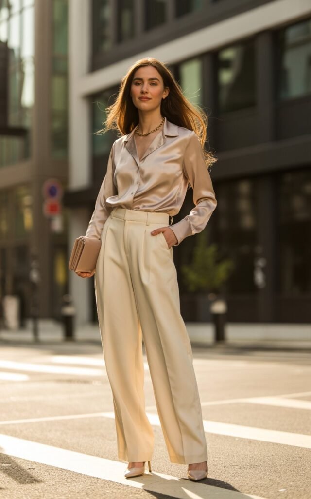 Full-body view of a white-skinned female model with a symmetrical face, sharp features, and long, flowing hair. She wears a shiny champagne satin blouse tucked into cream wide-leg pants with nude heels. Standing on an urban street with soft golden hour light, she poses confidently with one hand in her pocket and a subtle smile. Accessories include a delicate gold necklace and a small clutch. Authentic skin texture, natural hair flow, and soft makeup.