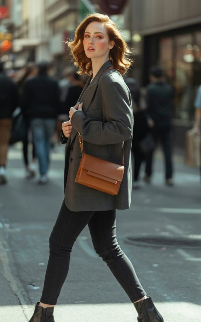 Full-body view of a white-skinned female model with sharp features, walking confidently on a bustling urban street. Natural daylight illuminates her outfit oversized gray blazer, black skinny jeans, ankle boots, and a simple leather crossbody bag. Her hair flows naturally, soft waves framing her face, minimal makeup with a hint of blush. She looks casually elegant, glancing sideways, with soft shadows enhancing realism.