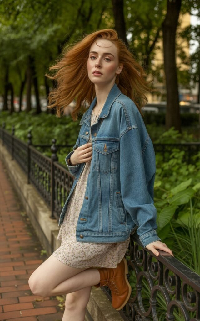Full-body view of a white-skinned female model with symmetrical features and long wavy hair, wearing a blue denim jacket over a floral graphic dress with ankle boots. Urban park with greenery and brick paths. Soft golden hour lighting. Model leaning slightly on a railing, relaxed expression, one hand holding jacket. Skin texture visible, soft natural makeup, hair movement realistic.