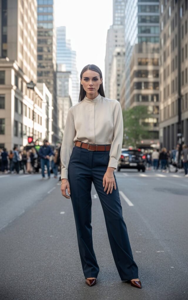 Full-body view of a white-skinned female model with symmetrical features, wearing a cream high-neck blouse tucked into navy wide-leg pants, accessorized with a brown leather belt and pointed flats. She’s standing confidently on a city street with modern office buildings in the background. Natural daylight illuminates her face and outfit. Her hair is sleek and straight, soft makeup enhancing her sharp features. She gazes toward the camera with a subtle, confident smile, hands loosely at her sides.