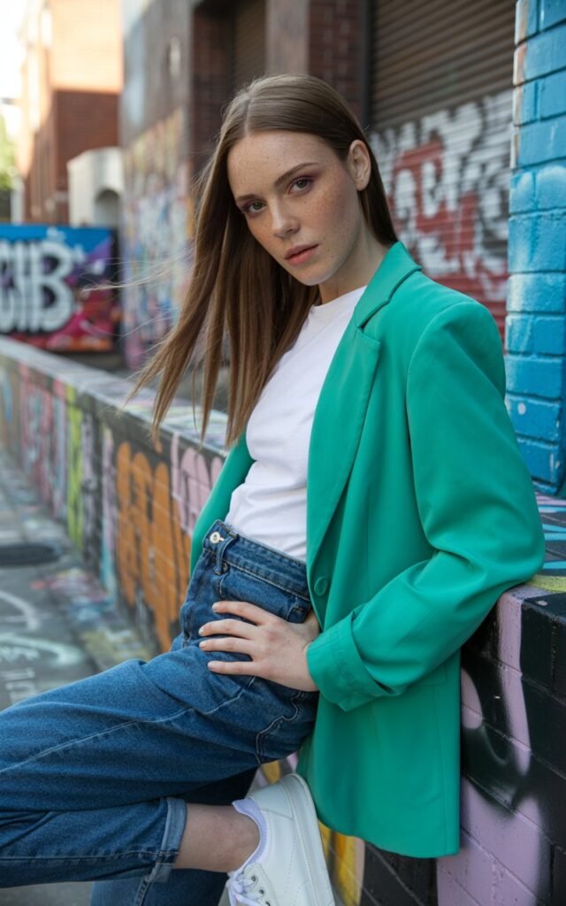 Full-body view of a white-skinned female with defined features and straight hair, wearing a bright colored blazer over a white tee, fitted jeans, and sneakers. City street with graffiti walls in the background. Late afternoon natural light. Model leaning against a wall, hand on hip, casual confident gaze. Skin texture visible, natural hair flow, minimal makeup with realistic imperfections.