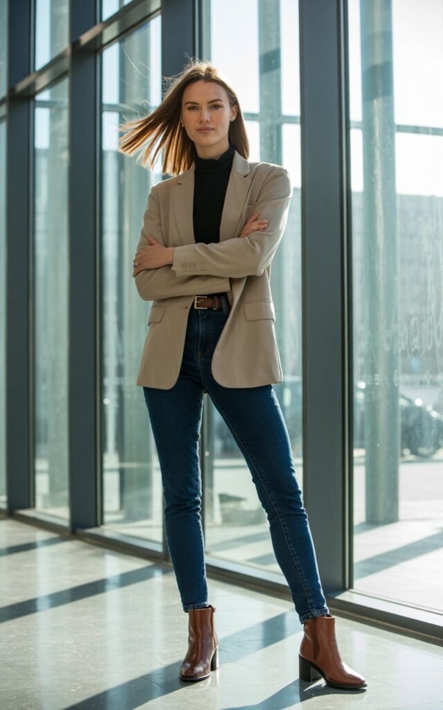 Full-body view of a white-skinned female with sharp features and straight hair, wearing a beige belted blazer over a black turtleneck, skinny blue jeans, and brown ankle boots. Background modern office lobby with natural daylight streaming through large windows. Pose standing confidently with arms crossed, slight smile, realistic hair movement. Editorial realism visible skin texture, subtle makeup, editorial lighting.