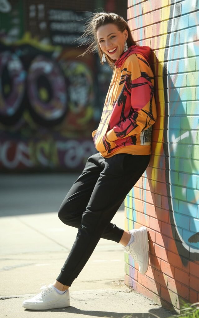 Full-body view of a white-skinned model in a bright graphic hoodie over black joggers and white sneakers. Leaning against a graffiti wall, natural daylight. Hair in a half-up, half-down style, subtle earrings, soft glowing skin. Pose one shoulder leaning, hands casually in pockets, playful expression. Emphasize authentic editorial feel and vibrant textures.