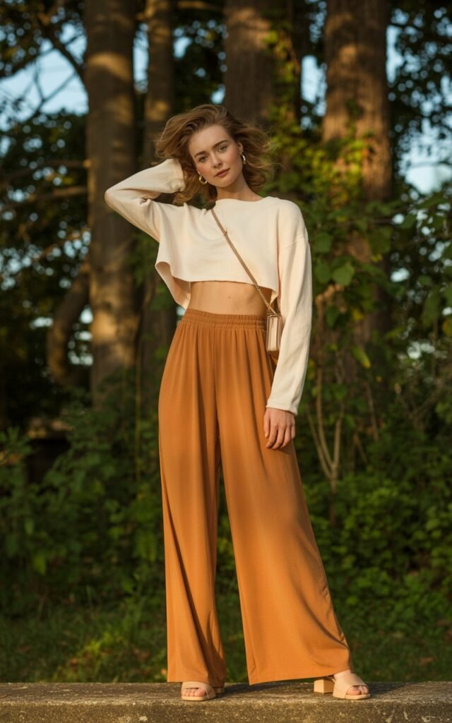 Full-body view of a white-skinned model in a cream cropped sweater and rust palazzo pants with block heels. Nature background with golden hour light filtering through trees. Standing confidently with one hand brushing hair, soft smile. Hair loose and voluminous, subtle earrings and crossbody bag. Realistic editorial lighting, visible skin texture.
