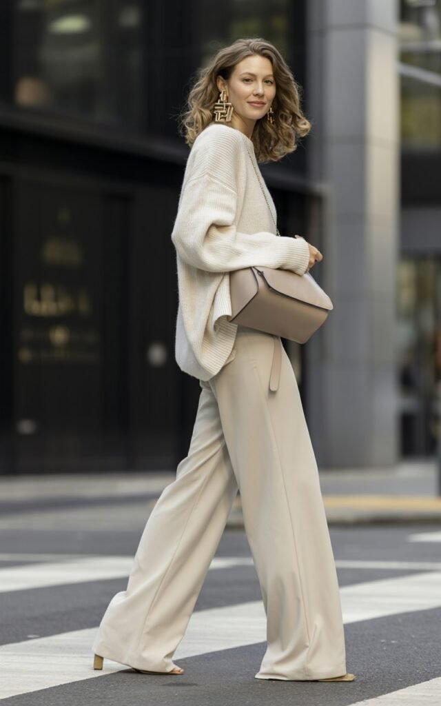 Full-body view of a white-skinned model in a cream knit sweater and matching pants, paired with bold earrings and a structured bag. City sidewalk with soft daylight. Standing slightly angled with one leg forward, subtle smile, hair loose and natural. Authentic editorial look with visible skin details.