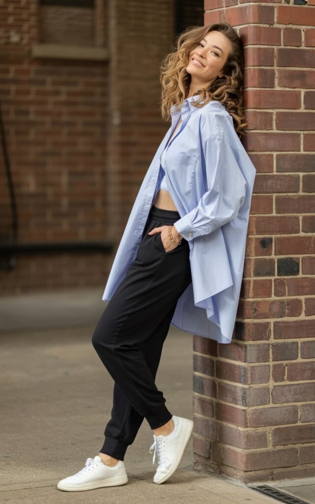 Full-body view of a white-skinned model in a light blue oversized shirt half-tucked into black joggers, paired with white sneakers. Leaning against a brick wall in natural daylight. Hair loose and wavy, minimal jewelry, soft makeup. Pose hands casually in pockets, slight smile, relaxed stance. Emphasize natural folds in fabric and authentic editorial feel.
