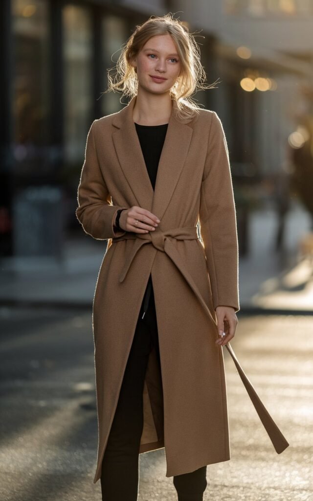 Full-body view of a white-skinned model in a long camel wrap coat over black joggers and ankle boots. Standing on a city street at golden hour. Hair in loose waves, minimal accessories, natural glowing skin. Pose one hand on coat belt, walking mid-step, soft smile. Highlight realistic fabric texture, natural hair movement, and editorial aesthetic.
