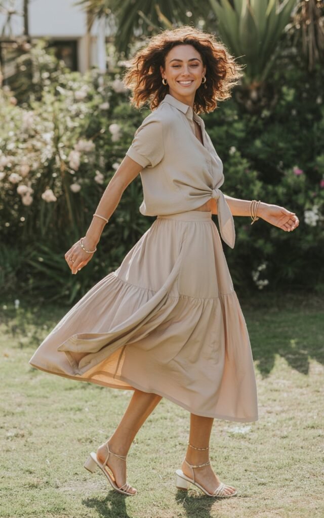 Full-body view of a white-skinned model in a soft beige tied waist top with a matching flowing skirt and strappy sandals. Garden or floral background with natural daylight. Twirling slightly for movement, playful smile, hair in loose curls. Delicate gold jewelry, soft makeup, visible skin details for natural editorial look.