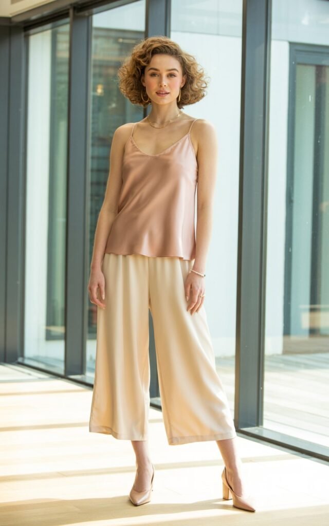 Full-body view of a white-skinned model in a soft blush satin camisole paired with cream culottes and nude heels. Indoor modern apartment with natural light from large windows. Standing elegantly with arms relaxed by sides, gentle smile, hair in soft curls. Minimal gold jewelry, subtle makeup, visible skin details.