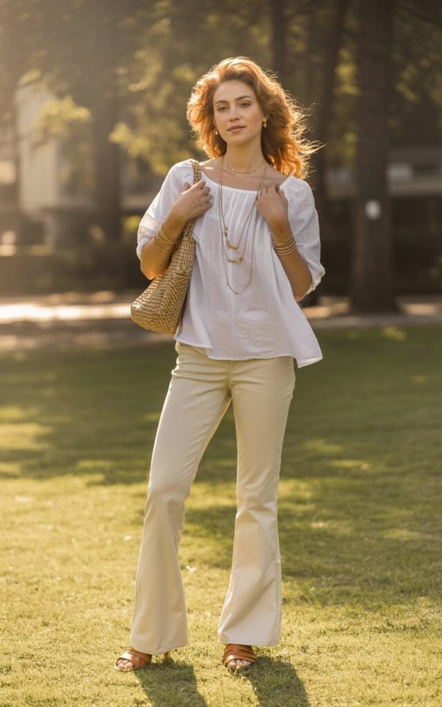 Full-body view of a white-skinned model in a white peasant blouse with cream flared pants and tan sandals. Outdoor park setting, soft late afternoon sunlight. Standing with hands gently holding bag straps, soft smile, hair in loose curls. Layered necklaces and small bracelets complete the boho-chic vibe.