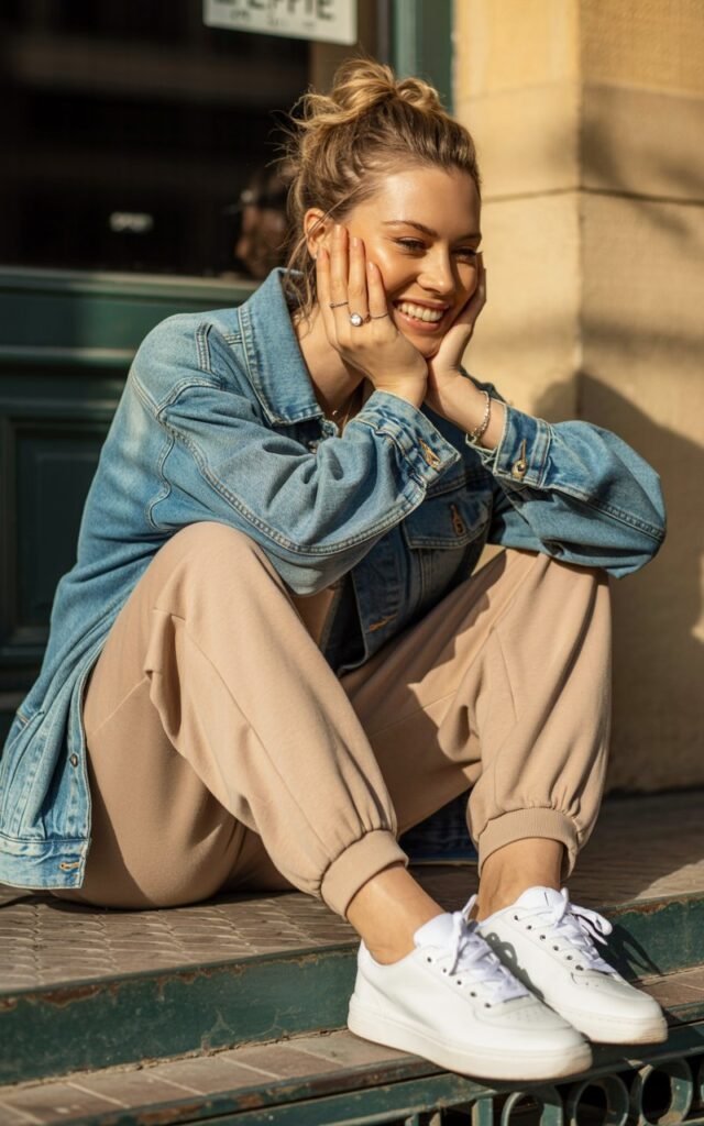 Full-body view of a white-skinned model in an oversized light blue denim jacket over beige sweatpants and white trainers. Sitting on outdoor café steps, golden hour lighting highlighting hair and skin. Hair in a messy bun, casual rings, natural makeup. Pose leaning back on hands, legs relaxed, candid smile. Editorial realism with soft shadows and natural movement.