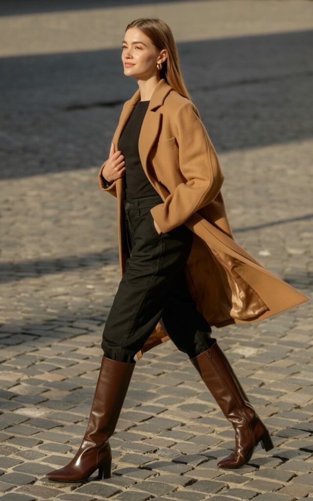 Full-body view of a white-skinned model in black joggers tucked into sleek brown knee-high leather boots, paired with a camel cropped coat. Walking confidently down a cobblestone street in late afternoon light. Hair straight and flowing, subtle earrings, light makeup. Pose mid-step with a soft smile, looking into the distance. Realistic texture on leather and fabrics emphasized.