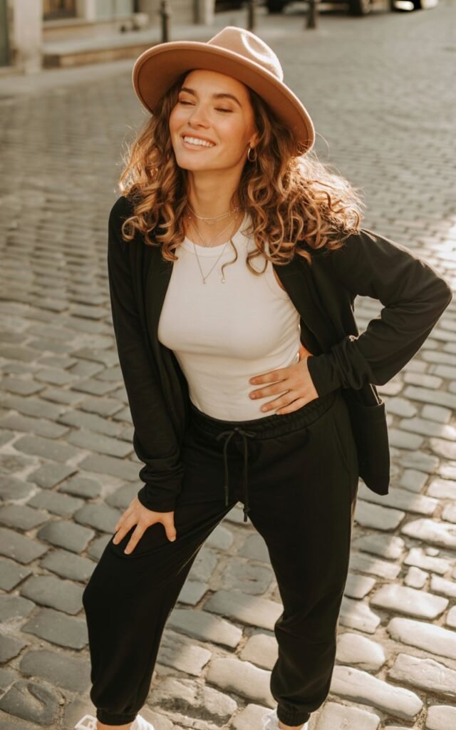 Full-body view of a white-skinned model in black joggers, white fitted top, and a tan wide-brim hat. Standing on a cobblestone street in late afternoon sunlight. Hair loose, soft curls, subtle natural makeup, layered necklaces. Pose tilting hat slightly, playful smile, one hand on hip. Emphasize authenticity, hair movement, and fabric textures.