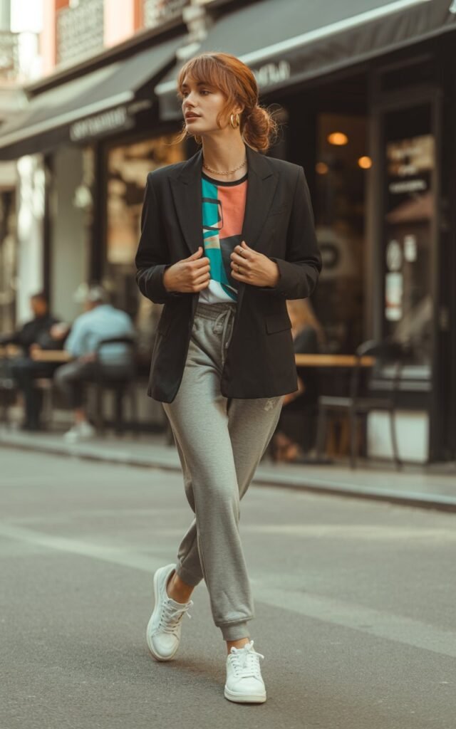 Full-body view of a white-skinned model wearing a black blazer over a colorful graphic tee with grey joggers and white sneakers. Urban café street background, soft daylight. Hair in a loose bun, subtle jewelry, natural makeup. Pose hands lightly holding blazer lapels, confident expression, mid-step. Emphasize editorial realism, outfit layering, and authentic casual-chic vibe.