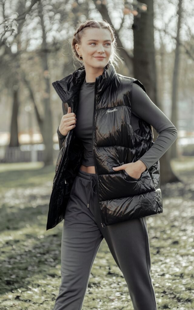 Full-body view of a white-skinned model wearing a black puffer vest over grey joggers and fitted long-sleeve top, paired with white sneakers. Standing in a park with sunlight filtering through trees. Hair in soft braid, minimal jewelry, natural glowing skin. Pose hands in vest pockets, looking off to the side, relaxed smile. Highlight puffed texture, natural light, and realistic editorial style.