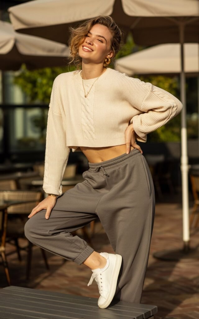 Full-body view of a white-skinned model wearing a cropped knit sweater with high-waist grey joggers and white sneakers. Outdoor café terrace at golden hour. Hair in loose waves, minimal jewelry, natural makeup. Pose hand on hip, slight tilt, playful smile. Highlight realistic knit texture and movement in the outfit.